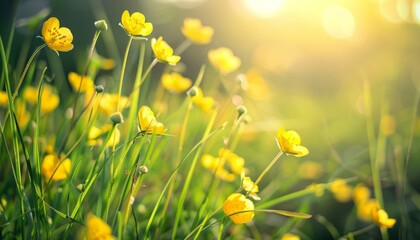 Fototapeta premium Sunny Splendor: Buttercups Blooming in Summer Grass