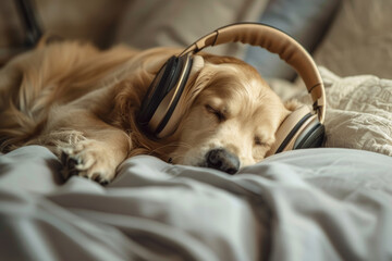Obraz premium Golden retriever relaxing with headphones on a cozy bed, enjoying music.
