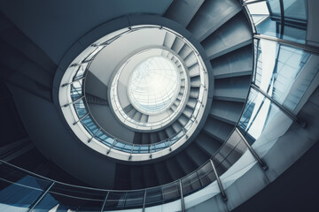 An abstract view of a modern spiral staircase with a soothing blue-toned architectural symmetry.