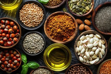 Assortment of plantbased fats, top view, showcasing a variety of oils, nuts, and seeds, emphasizing the natural and healthy sources of plant fats, digital tone, vivid