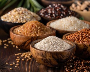 Assortment of whole grains including rice, quinoa, and oats, in rustic wooden bowls,
