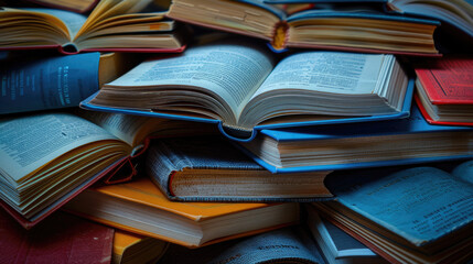 Obraz premium A stack of open textbooks, detailed pages and covers, top view, showcasing knowledge and study