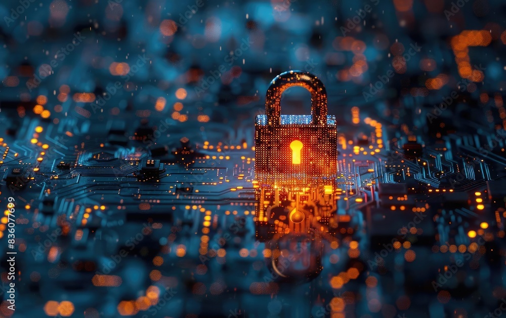 Poster a glowing padlock stands out against a blurred background of digital circuitry, representing cyberse