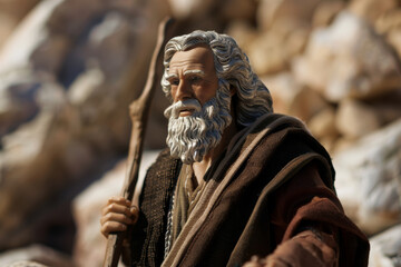 Naklejka premium Detailed figurine of a bearded elder with a staff against a rocky background.