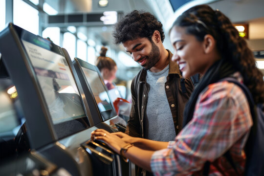 Couple engaging with airport self-check-in kiosk.