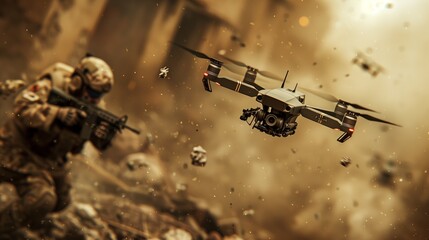  Soldier operating a drone amidst a fiery battlefield with intense flames in the background.