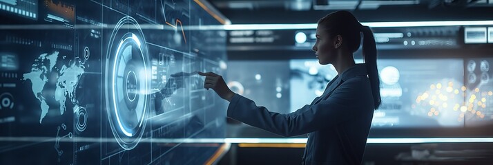 A woman is seen interacting with a holographic display containing digital world maps and other high-tech visuals