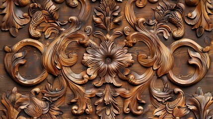 Ornate wooden carving with intricate floral patterns surrounding a central plain wood panel.