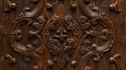 Ornate wooden carving with intricate floral patterns surrounding a central plain wood panel.