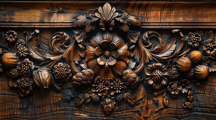 Ornate wooden carving with intricate floral patterns surrounding a central plain wood panel.