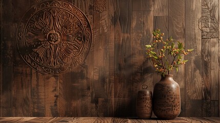 Ornate wooden carving with intricate floral patterns surrounding a central plain wood panel.