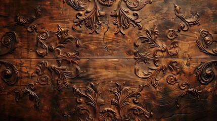 Ornate wooden carving with intricate floral patterns surrounding a central plain wood panel.