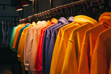 Colorful assortment of hoodies on display, catering to diverse fashion tastes with vibrancy.