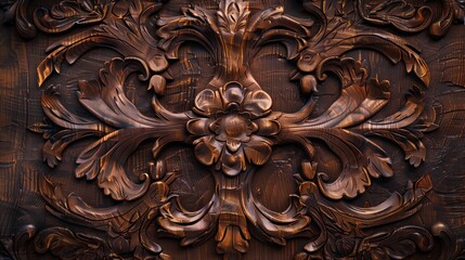 Ornate wooden carving with intricate floral patterns surrounding a central plain wood panel.