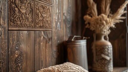 Ornate wooden carving with intricate floral patterns surrounding a central plain wood panel.