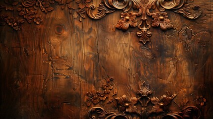 Ornate wooden carving with intricate floral patterns surrounding a central plain wood panel.