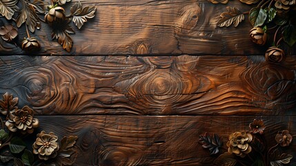 Ornate wooden carving with intricate floral patterns surrounding a central plain wood panel.