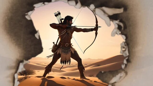 Native American Indian warrior with bow and archery in the desert on burning paper frame. 