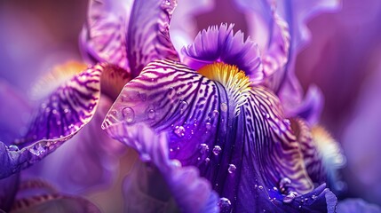 This close-up photo captures the intricate macro details of a beautiful purple iris flower