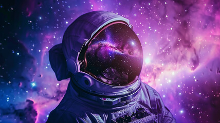 An astronaut in space with a colorful galaxy background
