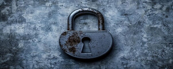 Close-up of an old rusty padlock on a weathered metal surface, representing security, protection, and vintage objects.