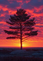 Obraz premium Realistically and meticulously crafted, this minimalist nature silhouette showcases a lone tree against a vibrant sunset.