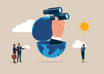 Open globe using binoculars looking for future vision. International opportunity for business, work or investment, searching for oversea business concept. Flat vector illustration
