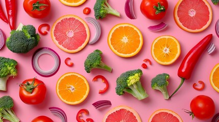 The vibrant food pattern on this striking flat lay is made up of broccoli, orange slices, red peppers, onions, and tomatoes.