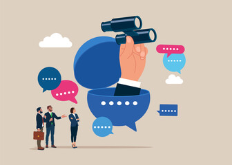 Coworker open feedback speech bubble using binoculars to see discussion, conversation discussing work in meeting. Flat vector illustration.