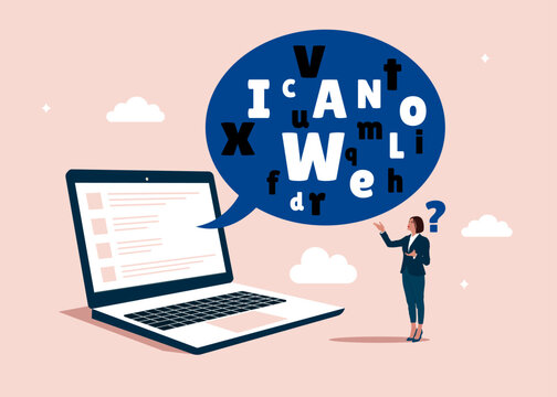 Online talk with jargon word in speech bubble dialog make woman confused. Complicated conversation, difficult to explain. Vector illustration.