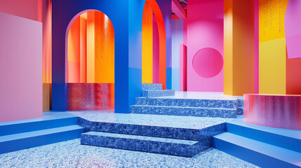 Abstract exhibition setup with colorful geometric elements and steps, designed for product promotion in a modern setting