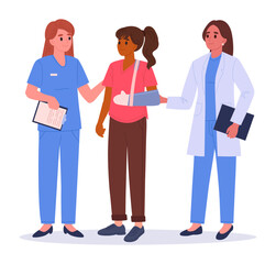 Medical workers with patient. Female doctors and patient with plastered hand flat vector illustration. Medical emergency room appointment