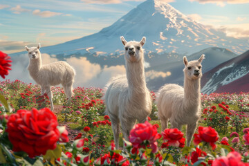 Fototapeta premium A serene trio of llamas amidst a vibrant field of red flowers with a majestic snow-capped mountain backdrop.