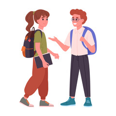 Middle school students. School students with backpacks and books talking to each other flat vector illustration. Junior high school pupils