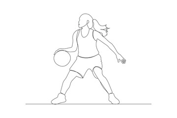 Professional basketball player Continuous line drawing. Girl playing basketball outline vector isolated on white background.