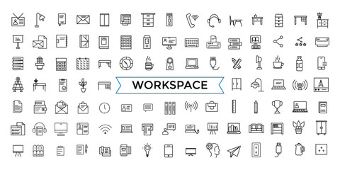 Office workspace elements line web icon set. Outline icons pack. Icon collection. Editable vector icon and illustration.