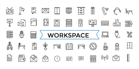Office workspace elements line web icon set. Outline icons pack. Icon collection. Editable vector icon and illustration.