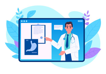 Online doctor service. Digital healthcare consultation on tablet screen, medicine appointment and test results flat vector illustration. Online medical app