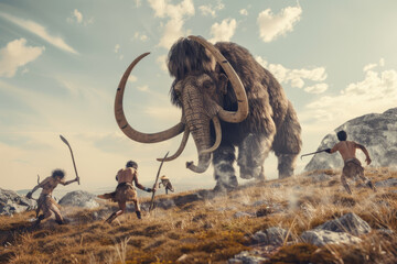 Prehistoric hunters confront a mammoth, an epic clash in ancient times.