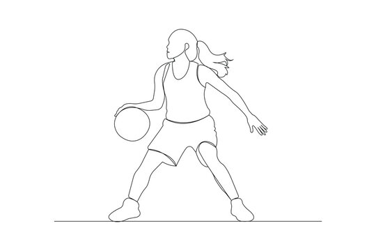 recommend clip art: Professional basketball player Continuous line drawing. Girl playing basketball outline vector isolated on white background.