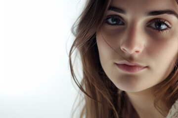 Naklejka premium Intimate close-up of a young woman with contemplative hazel eyes.