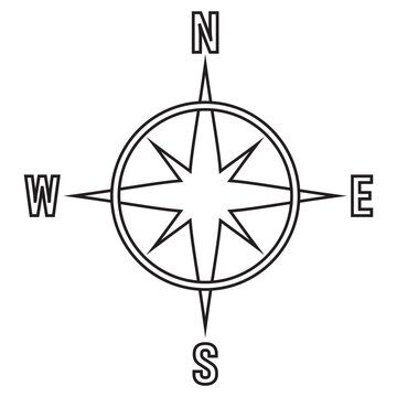 Compass icon, vector with line. Compass symbol, silhouette.  Navigation icon, symbol concept. North, South, West, East indicated with compass arrow. Vector illustration.