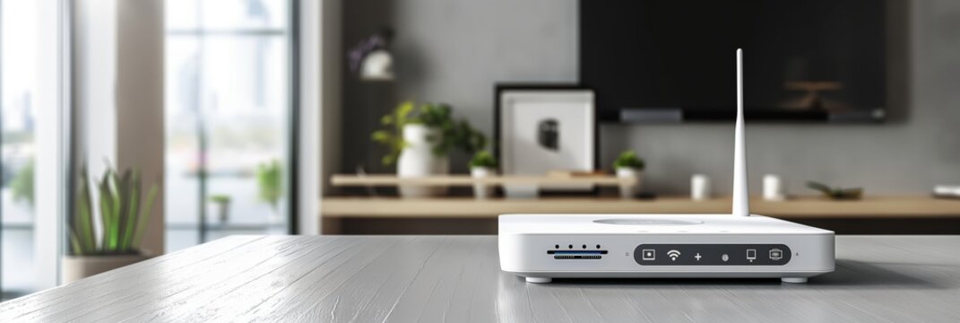 Sleek Wi-Fi router on a table with blurred modern open space background