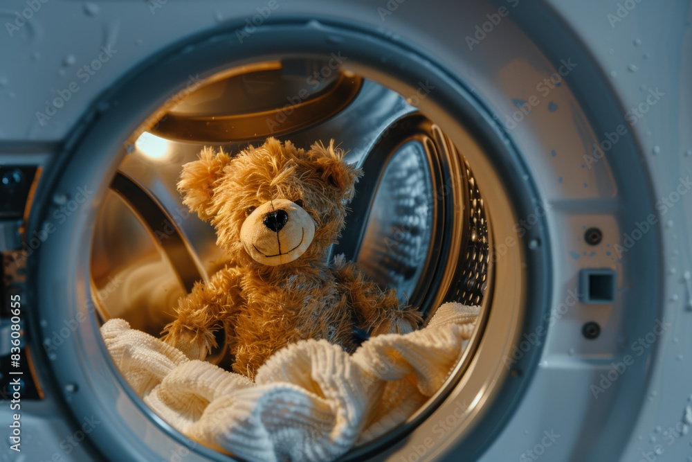 Wall mural Teddy bear undergoes a 'spin cycle adventure' in a washing machine.