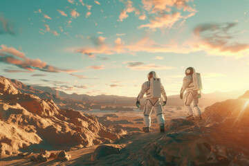 Obraz premium Astronauts exploring rocky alien terrain at sunset, evoking a sci-fi adventure.