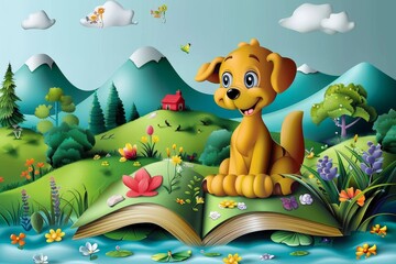 A vibrant illustration depicting a cute puppy sitting on an open book, set against a picturesque landscape with mountains and a cottage