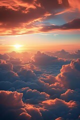 Sunset, sunrise, sky with clouds at twilight, dusk, dawn, flying above the clouds, over the clouds, plane, orange clouds, pink clouds, sunlight, heaven, pastel colors, sky background, Generative AI