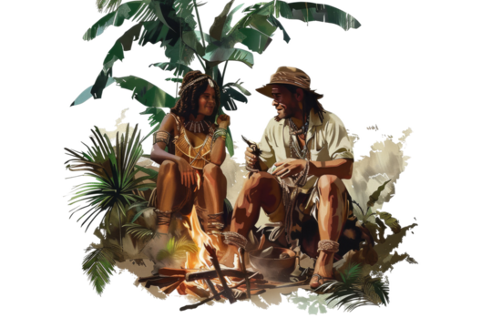 Couple Enjoying Bonfire Isolated on Transparent Background