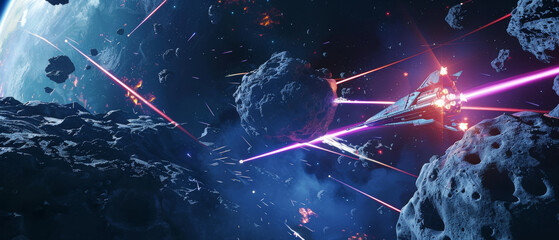 Sci-fi scene of a spaceship battle amidst a dangerous asteroid field.