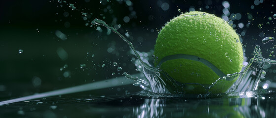 Tennis ball making a dynamic splash on a wet surface.